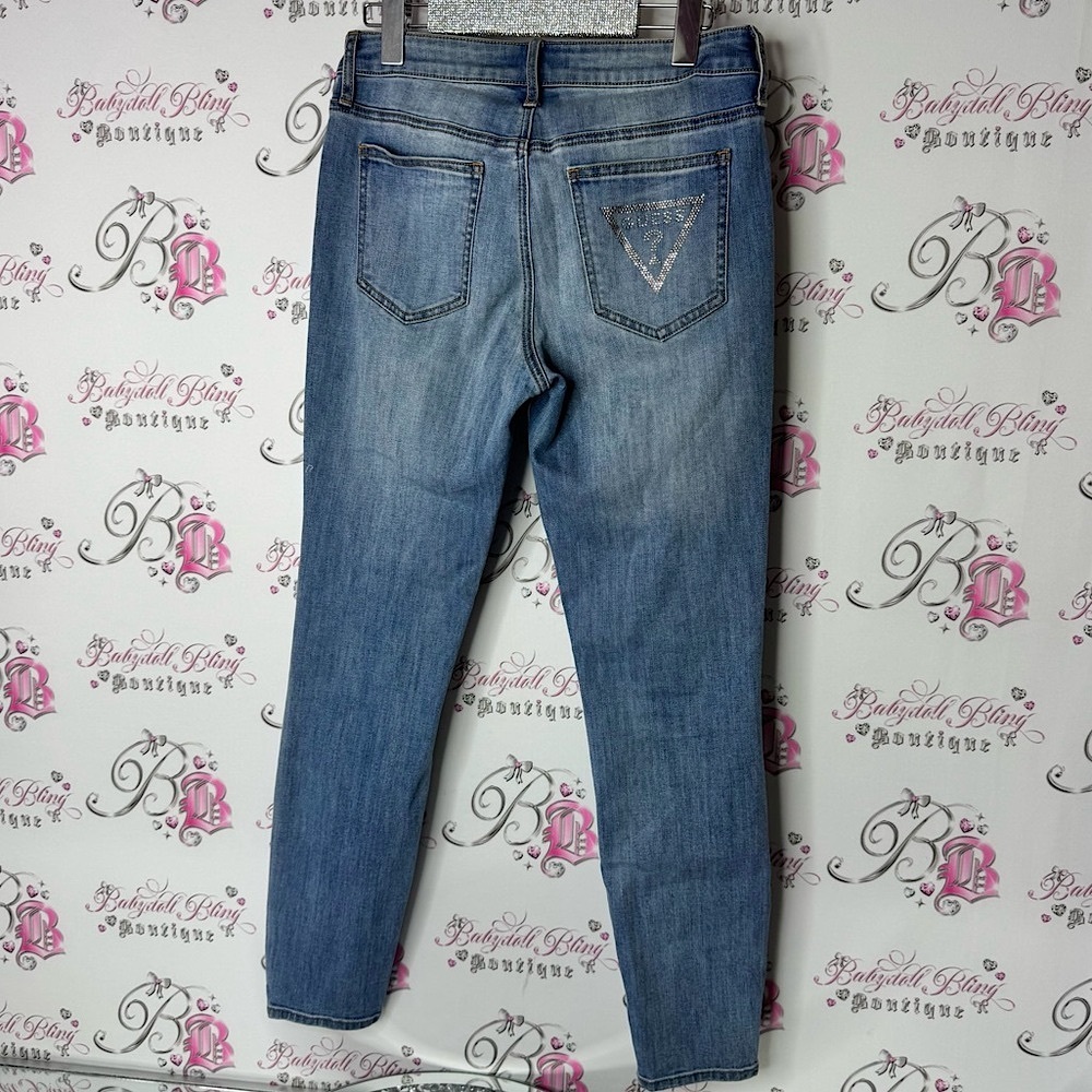 Guess rhinestone Blue Skinny Jeans with Stretch and Tapered Fit bling diamonds